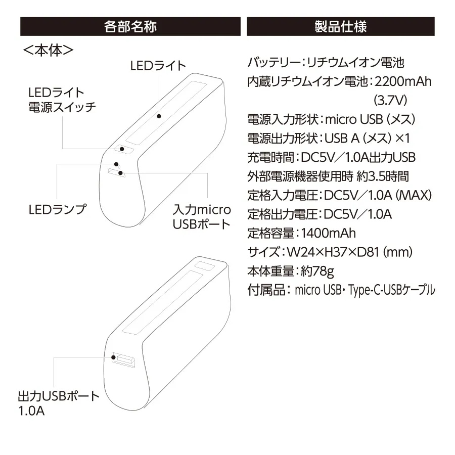 LEDライト付モバイルチャージャー2200